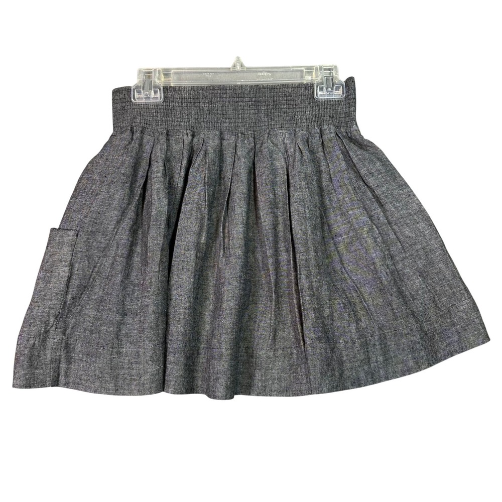 Zio Linen Blend Dark Academia Pleated Smocked Waist Mini Skirt Charcoal Gray Med